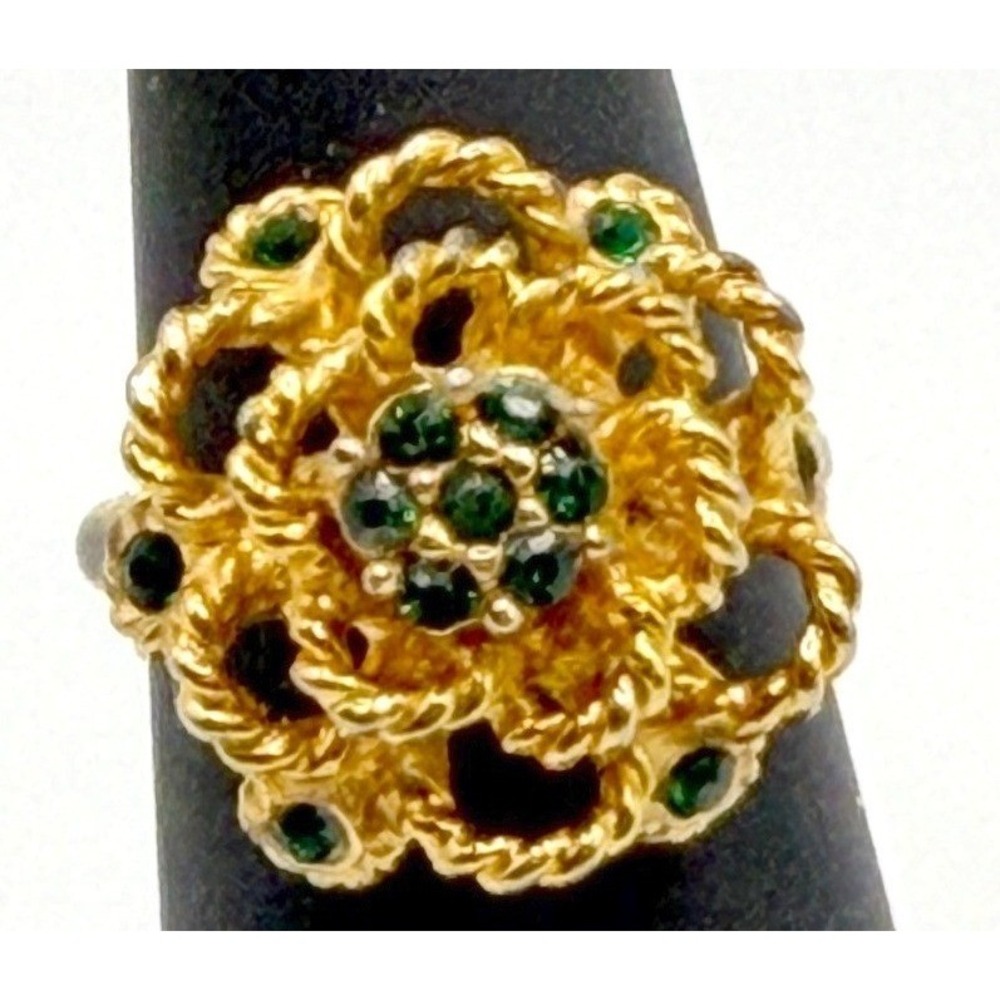 Gold Tone Adjustable‎ Ring Green Rhinestones Size 5.5–6 Elegant